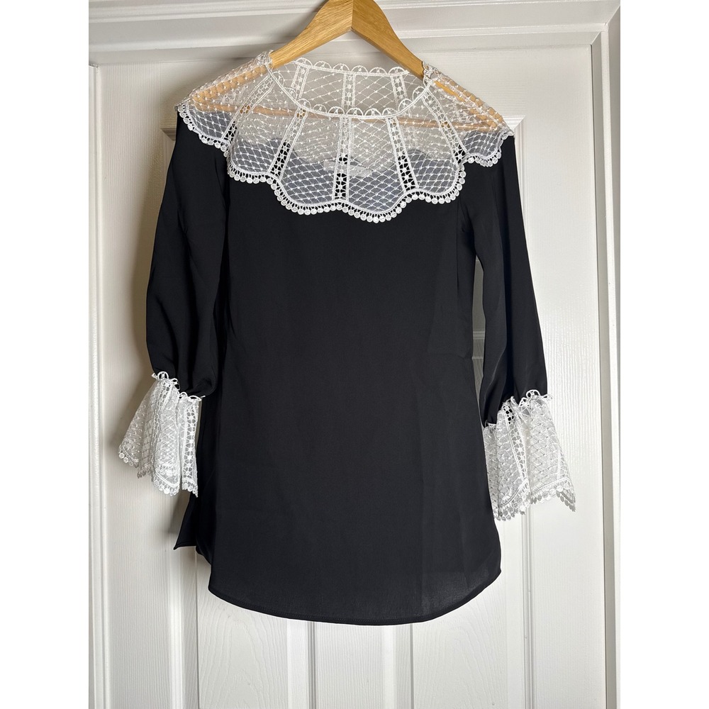 Anne Fontaine Liszt Blouse Women 34 Black White Lace Collar Flared Cuff Top
